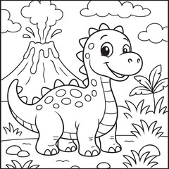 Cute Baby Dinosaur Coloring Page &ndash; Smiling Cartoon Dino with Volcano, Clouds, and Jungle Plants &ndash; Printable Line Art for Kids