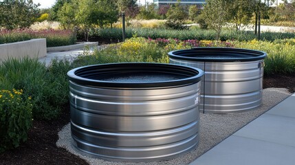 Two metal planters in a landscaped corporate park