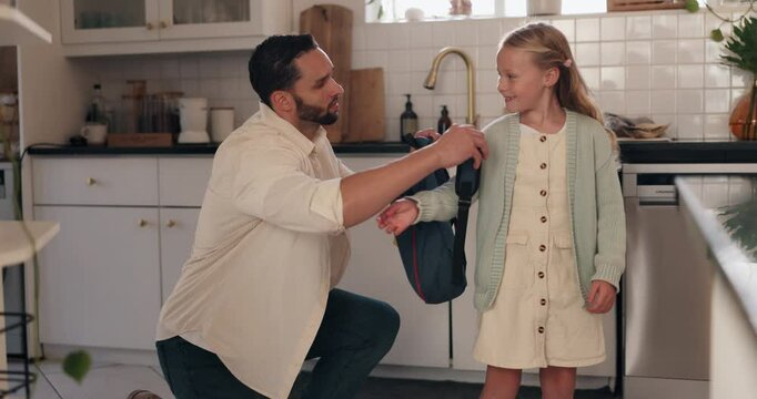 Dad, child and phone call with school for breakfast, packing or preparation in kitchen at home. Busy father, daughter or helping kid getting ready with bag for lunch, fist bump or first academic day