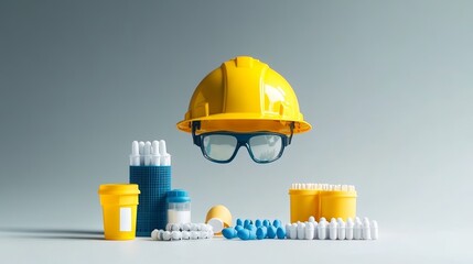 Workplace safety essentials include a yellow hard hat, safety glasses, and earplugs