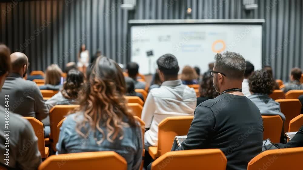 Aufkleber a diverse group of people are seated in orange chairs, attending a conference. a presentation is bei