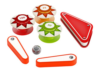 Pinball bumpers, flippers and metal ball on transparent background. 3D illustration © Destina