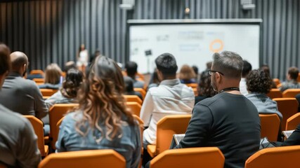 A diverse group of people are seated in orange chairs, attending a conference. A presentation is being displayed on a screen in front of the audience. - Powered by Adobe