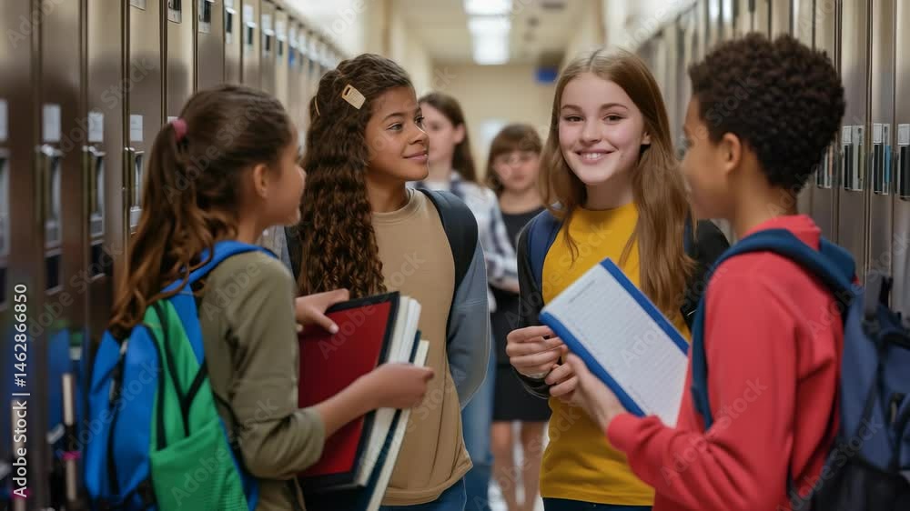 Poster a group of children gather in a school hallway between classes for a friendly conversation. they sta