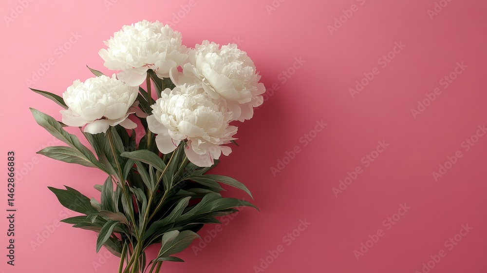 Aufkleber the image of white peonies on a pink background is arranged in a flatlay and used for a spring-theme
