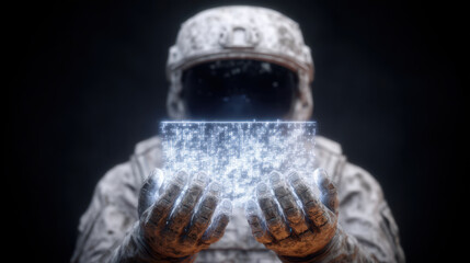 Futuristic astronaut holding glowing digital panel, showcasing advanced technology dark space environment. scene evokes sense