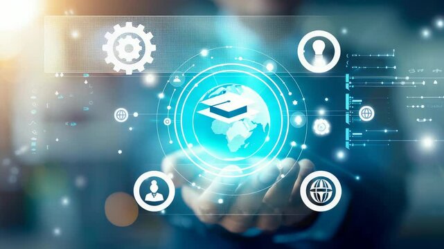 A person holds a glowing globe with a graduation cap symbolizing online education and interconnectedness. The image is a visual metaphor for global learning and accessible knowledge worldwide.