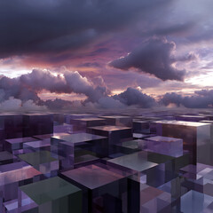 Futuristic cityscape under a purple sky, a fantastical world made of transparent cubes
