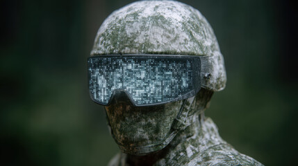 Fototapeta premium Closeup of soldier AI agent wearing camouflage uniform and advanced visor displaying digital data. expression is serious