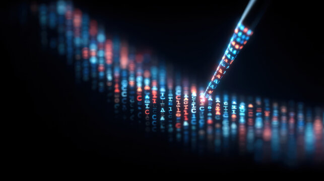 Closeup of digital representation of gene editing data, showcasing vibrant blue and red binary code. image evokes sense