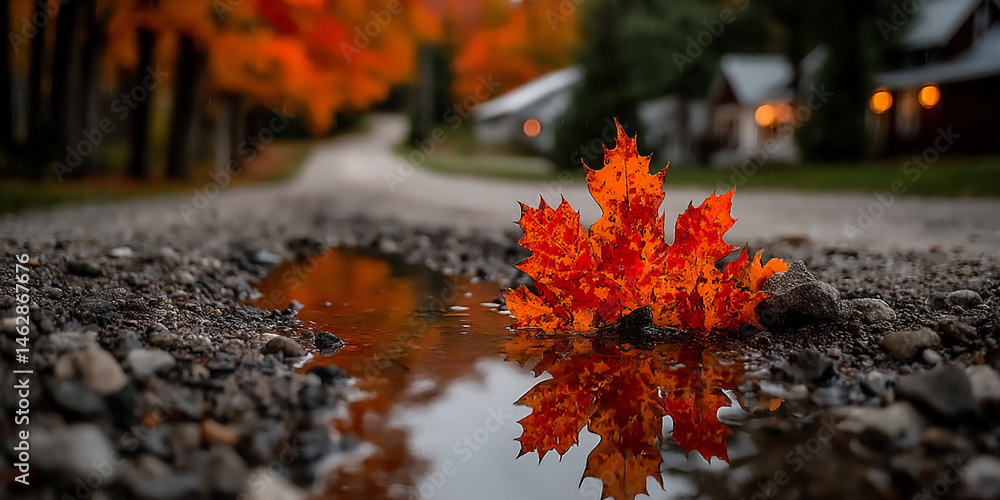 Poster maple tree reflection in forest puddle