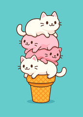 Ice cream cone with cute kittens . Creative vector illustration for poster, banner, card, menu