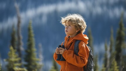 A young boy in an orange jacket is standing outside, holding binoculars and gazing into the distance. His expression is focused and thoughtful as he looks at something far off in nature