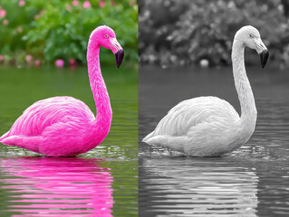 Artistic Wildlife Transformation: Monochrome Flamingo in Vibrant Contrast