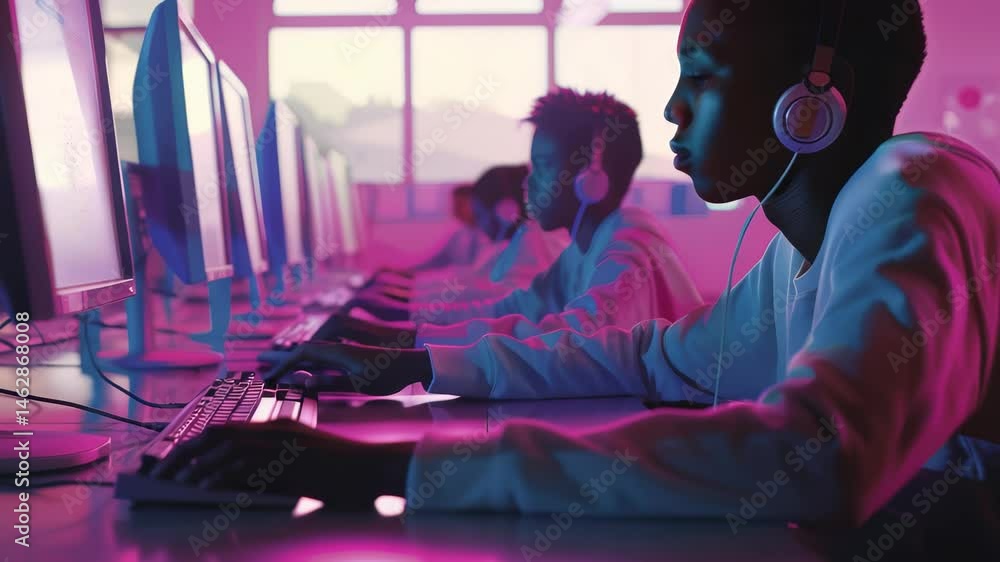 Poster A line of young people is engrossed in using desktop computers in a room illuminated with a blend of vibrant pink and blue neon lighting. Headphones are on for added focus. They are studying.