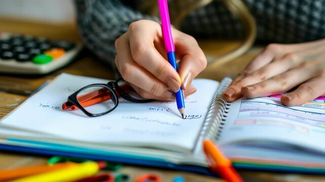 Close up shot of hands taking notes in a notebook with colorful pen, a pair of glasses and calculator on a wooden desk. The setting evokes a sense of study, planning, and creativity. - Powered by Adobe