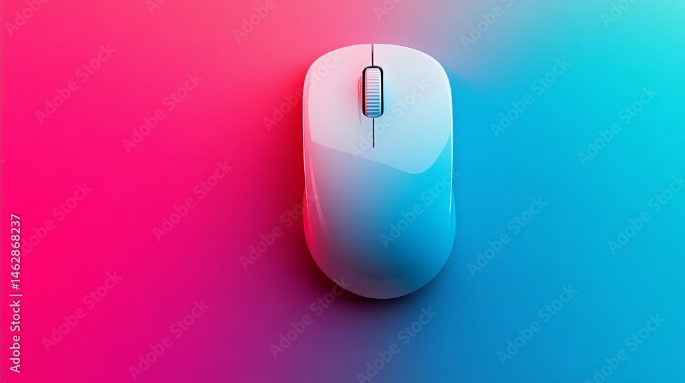 Poster a sleek wireless mouse positioned on a dynamic gradient background with modern aesthetic