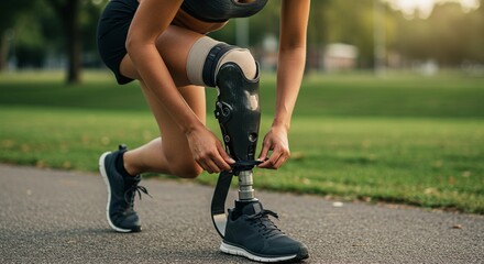 Woman with prosthetic leg tying her shoe on a path in a park on a sunny day outdoors getting ready