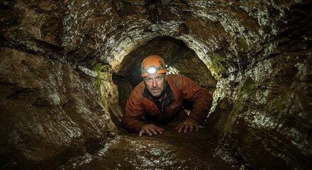 Man crawling through a narrow, damp cave passage with a headlamp illuminating the rocky tunnel ahead