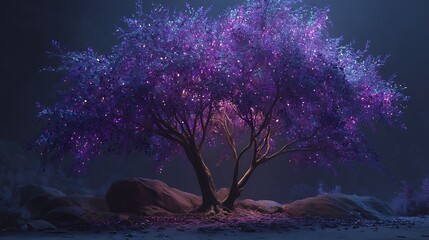 Glowing purple tree surrounded by darkness