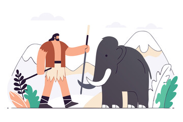 Fototapeta premium Prehistoric hunter standing bravely before a giant woolly mammoth in the ice age wilderness