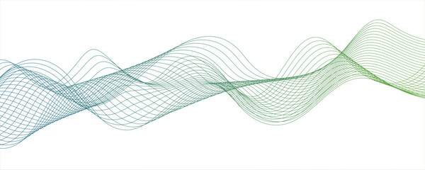 Minimalist abstract wave design consisting of smooth, flowing black and green lines on a white background.Modern digital and geometric technology themes & data visualizations, scientific concept.