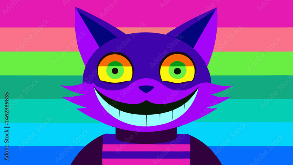 Poster glitch effect cat a e cartoon cat with exaggerated features like oversized eyes and a wide grin over