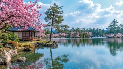 Obraz premium Serene Japanese garden with cherry blossoms