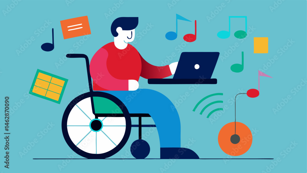 Poster musician in a wheelchair a musician in a wheelchair using a digital tablet to compose music with col