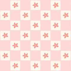 Checkered seamless groovy pattern with flowers. Repeating floral background in pastel colors. White and pink checkerboard with sakura. Vintage retro ornament in 70s, 80s style. Vector illustration.