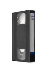 Retro VHS cassette with a blank label and E-180 high grade marking, isolated on white back