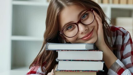 A young student with brown hair and eyeglasses rests her head on a stack of books. She is wearing a red and white checkered shirt and smiling. She looks happy and ready to learn. - Powered by Adobe