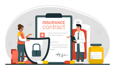 Health insurance policy scene. Doctor and woman with broken arm. Healthcare protection, safety and accident coverage. Agreement document. Financial coverage medicine and drug. Flat vector illustration