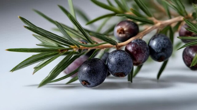 Close up of juniper berries on a branch with needle-like leaves, showcasing the vibrant colors and texture of the plant for botanical use.