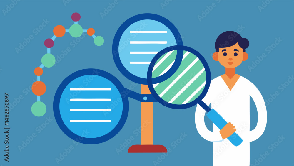 Poster genetic testing a representation of dna strands with magnifying glasses highlighting specific genes 
