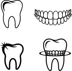 Black and White Dental Icons Set – Healthy Tooth, Cavity, Full Teeth Jaw, and Tooth with Orbit Design
