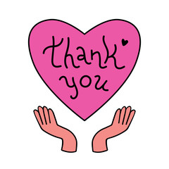Cartoon illustration of hands holding heart symbol with 'thank you' message. Donation, charity, volunteer concept. Hand-drawn vector clip art for web, card, social media, or print. 