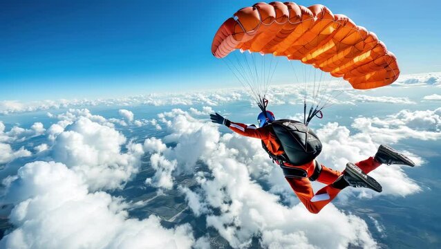 Skydiver in orange suit and parachute free-falling through clouds. Skydiving adventure with vibrant parachute and clouds. Thrilling skydiving experience.