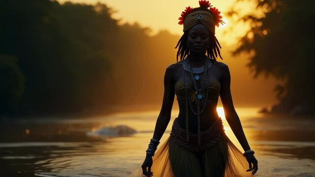African Goddess Oshun Standing in Golden River, Adorned with Jewelry

