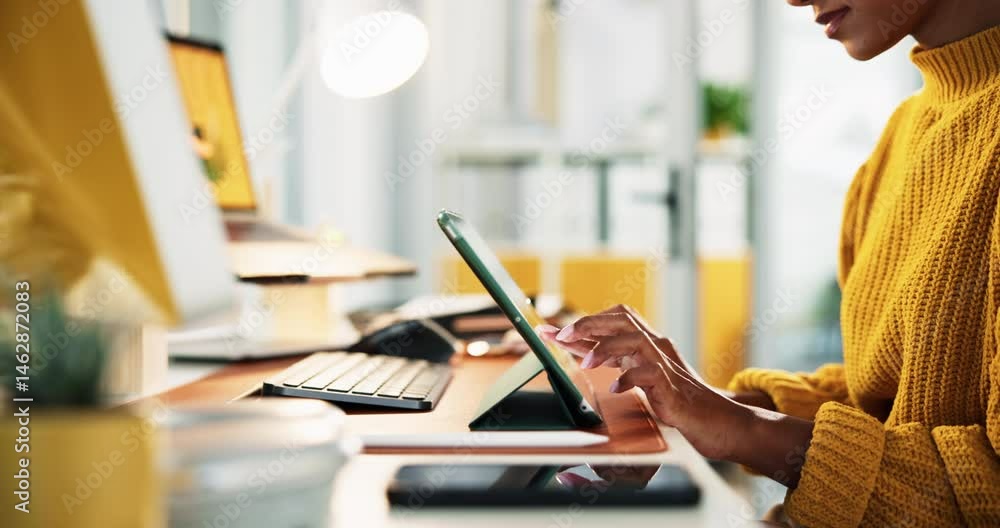 Aufkleber Design, hands and tablet with creative person in office for business research, launch or testing. App, planning and typing with startup employee at desk in workplace for software development