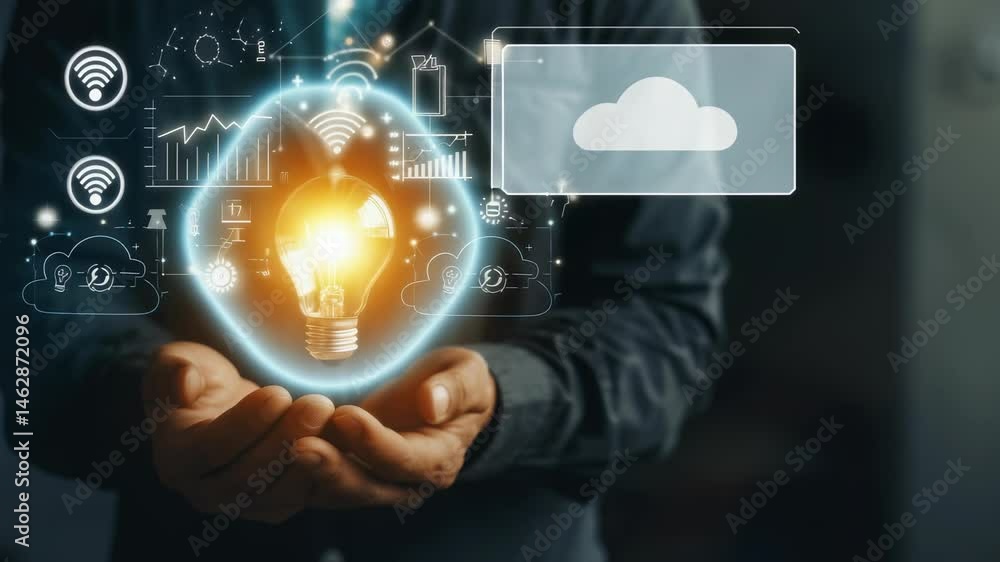 Poster a person holds a glowing lightbulb, representing an innovative idea. digital graphs, cloud and icons