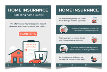 Home insurance services advertising flyer set. House risk concept. Security and protection of family property from damage and natural disaster. Banner for mobile social media. Flat vector illustration
