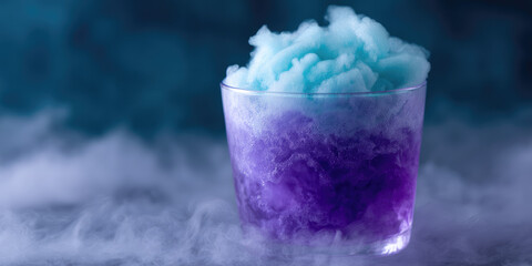 A glass filled with blue and purple cotton candy sits in a smoky atmosphere. Concept: whimsical dessert, fantasy theme