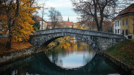 Naklejka premium Autumnal stone bridge over a tranquil river.