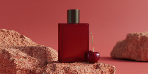 A red perfume bottle with a metallic cap is placed on a rocky surface next to a cherry. Aromatic elegance and natural simplicity