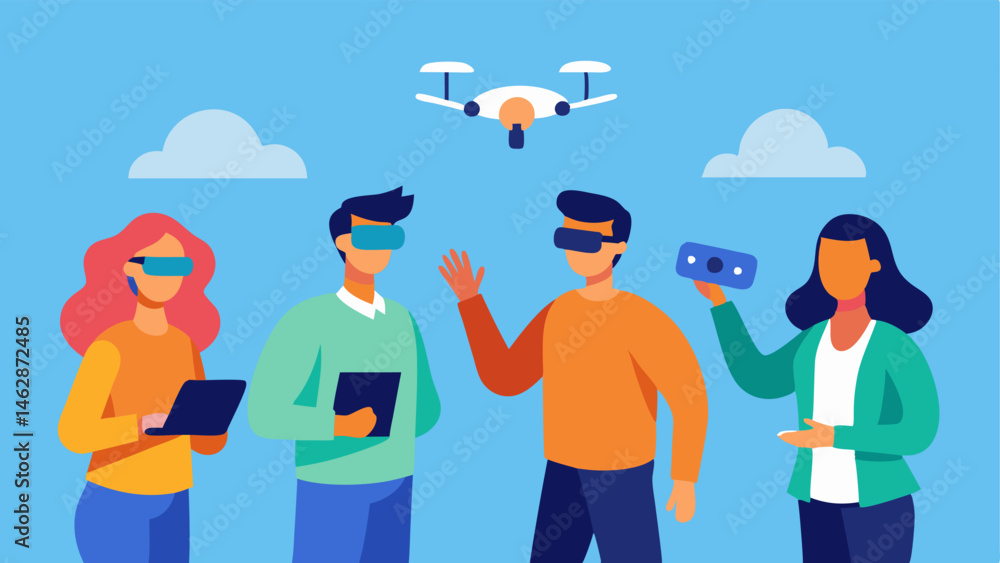 Poster gadget testing each partner is holding a different gadget such as a drone or a vr headset while play
