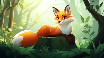 In a lush forest, a cute fox can be found resting on a tree stump, captured in photo three