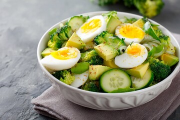 A vibrant salad featuring broccoli, cucumber, avocado, and sliced eggs sits in a white bowl. Fresh ingredients create a colorful and healthy dish, ideal for lunch or a light dinner