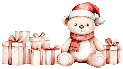 A teddy bear in a festive Santa hat sits amidst Christmas presents