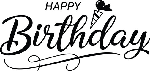 Happy Birthday Handwritten Text, Elegant Lettering Design, calligraphy, typography on White Background for Greeting Cards and Celebrations